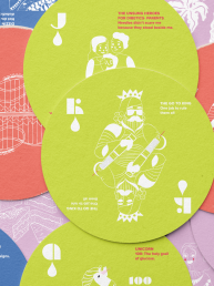 Colorful mockup of educational diabetes playing cards arranged in overlapping circles. The cards feature playful, hand-drawn illustrations and typography explaining Type 1 diabetes concepts—insulin, hypo and hyperglycemia, glucose, and family support—designed for children and parents.