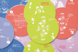 Colorful mockup of educational diabetes playing cards arranged in overlapping circles. The cards feature playful, hand-drawn illustrations and typography explaining Type 1 diabetes concepts&mdash;insulin, hypo and hyperglycemia, glucose, and family support&mdash;designed for children and parents.